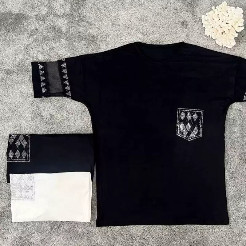 تیشرت ویسکوز نگینی آستین توری